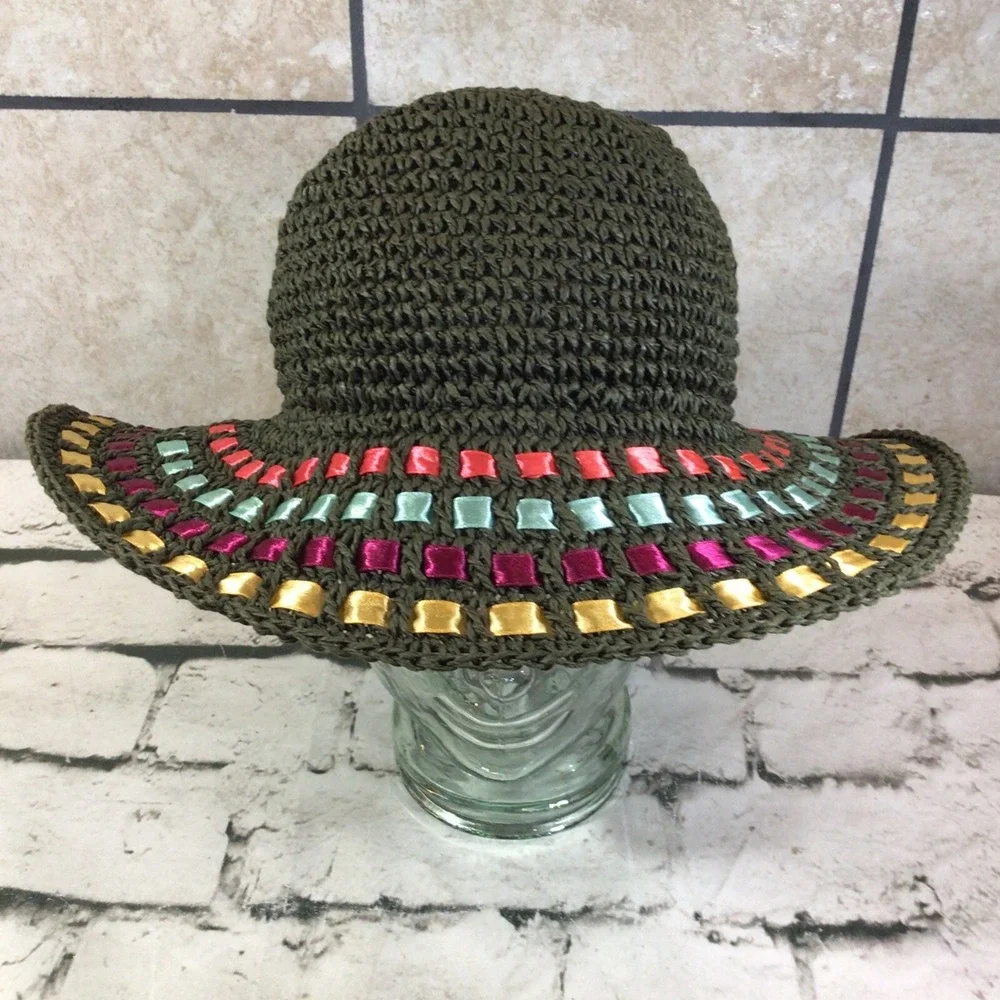 Gymboree Hat Girls Size 5-7 Floppy 100% Paper‎ Woven Ribbon Trim Sun Cap